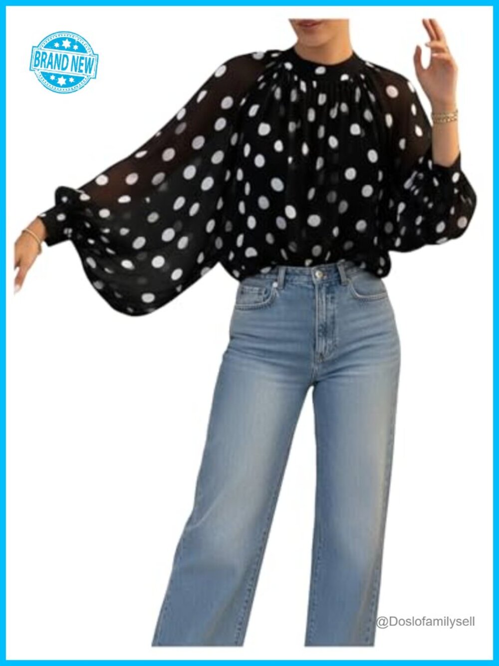 Polka Dots Bishop Sleeve Tie Neck Mesh Blouse Top Women